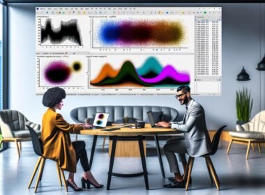 Modernes Büro mit zwei Kollegen, einer zeigt chaotische Excel-Auswertungen auf dem Laptop, der andere wirkt entnervt. Im Hintergrund stilvolle, automatisierte Python-Seaborn-Datenvisualisierungen.