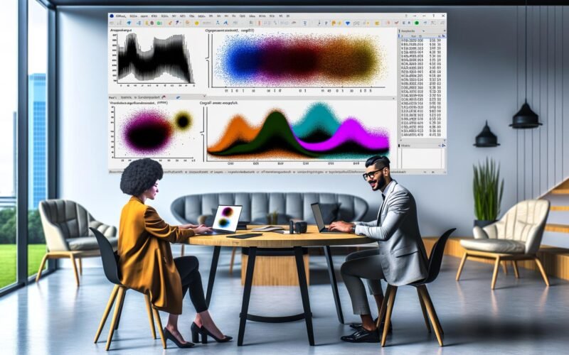 Modernes Büro mit zwei Kollegen, einer zeigt chaotische Excel-Auswertungen auf dem Laptop, der andere wirkt entnervt. Im Hintergrund stilvolle, automatisierte Python-Seaborn-Datenvisualisierungen.