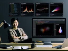 Modernes, aufgeräumtes Marketing-Workspace mit Monitor, der leuchtende Seaborn-Datenvisualisierungen, Python-Code und ein Jupyter Notebook zeigt.