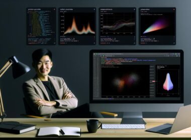 Modernes, aufgeräumtes Marketing-Workspace mit Monitor, der leuchtende Seaborn-Datenvisualisierungen, Python-Code und ein Jupyter Notebook zeigt.