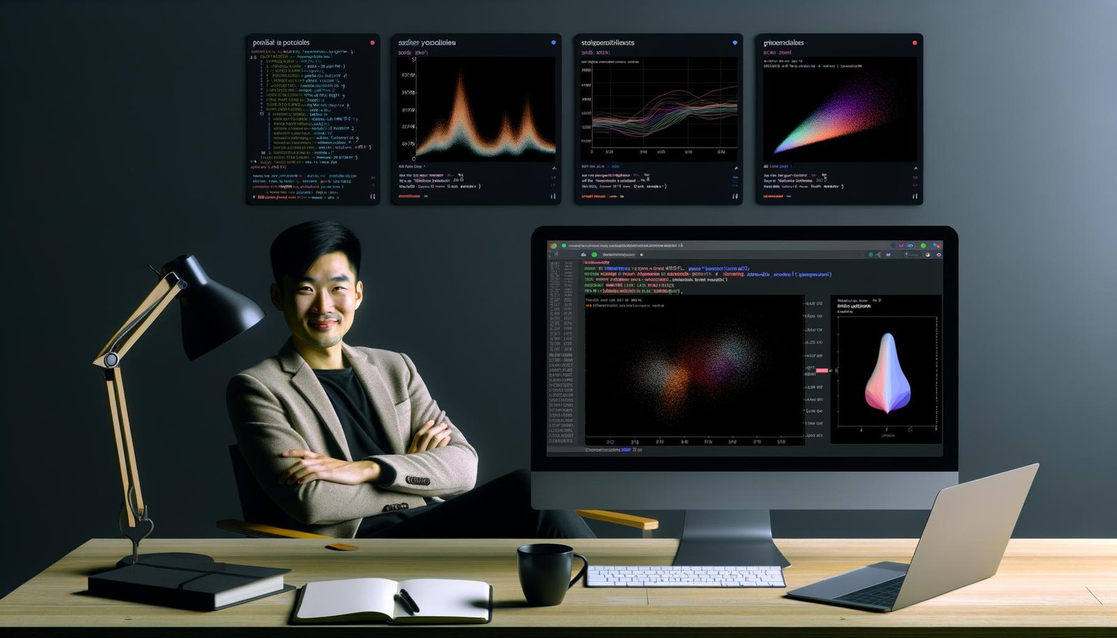 Modernes, aufgeräumtes Marketing-Workspace mit Monitor, der leuchtende Seaborn-Datenvisualisierungen, Python-Code und ein Jupyter Notebook zeigt.