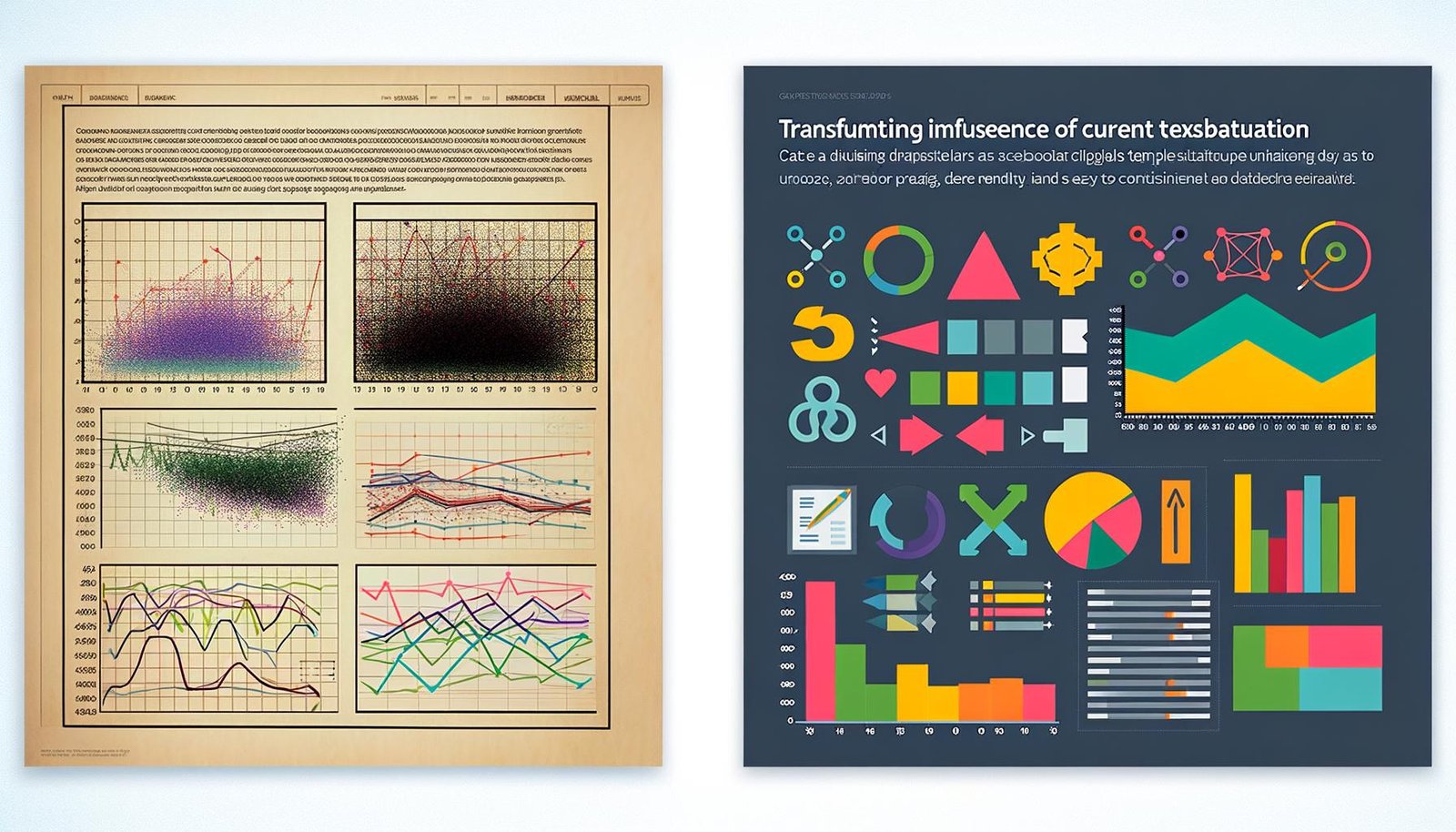 Moderne Seaborn Dashboard-Visualisierung im Vergleich zu einem veralteten, chaotischen Excel-Diagramm mit Datenwissenschafts-, Python- und Designsymbolen im Hintergrund.