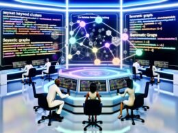 Futuristisches Labor mit Hologramm-Interface, Entwicklern an Touchscreens, semantischen Diagrammen und KI-Visualisierungen für Content-Strategie.