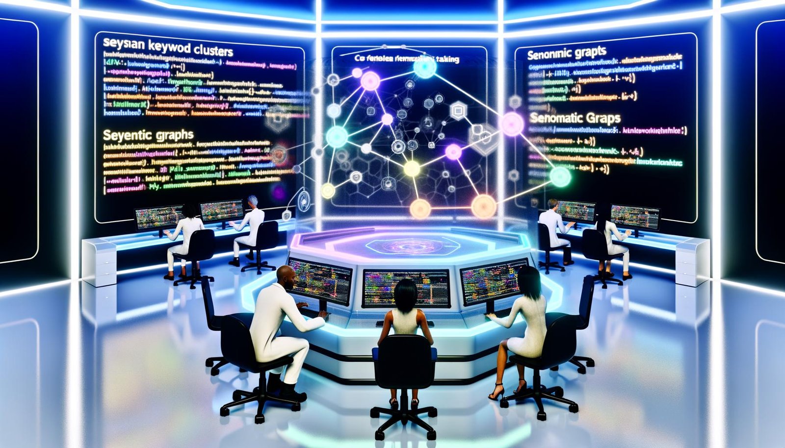 Futuristisches Labor mit Hologramm-Interface, Entwicklern an Touchscreens, semantischen Diagrammen und KI-Visualisierungen für Content-Strategie.