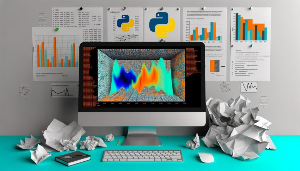 Moderne Titelillustration mit glänzendem Monitor, farbenfrohen Seaborn-Charts und Data-Science-Elementen im kreativen Umfeld, während eine zerknüllte Excel-Seite und fade Office-Diagramme im Hintergrund verblassen.