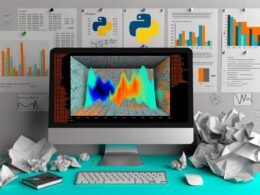 Moderne Titelillustration mit glänzendem Monitor, farbenfrohen Seaborn-Charts und Data-Science-Elementen im kreativen Umfeld, während eine zerknüllte Excel-Seite und fade Office-Diagramme im Hintergrund verblassen.
