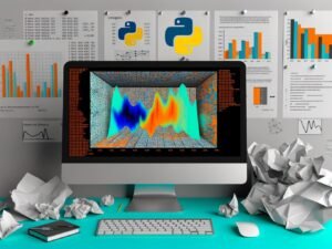 Moderne Titelillustration mit glänzendem Monitor, farbenfrohen Seaborn-Charts und Data-Science-Elementen im kreativen Umfeld, während eine zerknüllte Excel-Seite und fade Office-Diagramme im Hintergrund verblassen.
