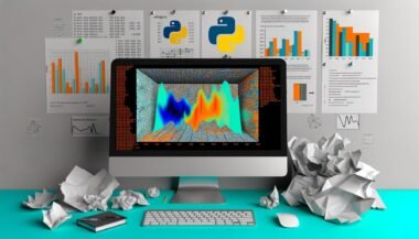 Moderne Titelillustration mit glänzendem Monitor, farbenfrohen Seaborn-Charts und Data-Science-Elementen im kreativen Umfeld, während eine zerknüllte Excel-Seite und fade Office-Diagramme im Hintergrund verblassen.
