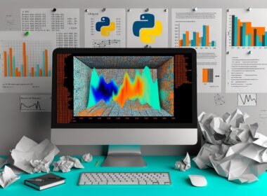 Moderne Titelillustration mit glänzendem Monitor, farbenfrohen Seaborn-Charts und Data-Science-Elementen im kreativen Umfeld, während eine zerknüllte Excel-Seite und fade Office-Diagramme im Hintergrund verblassen.