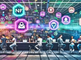 Moderner Maschinenraum mit Entwicklern, Designern und Content-Creators an Laptops vor digitalen Anzeigen. Begriffe wie NFT, Token und Web3 schweben auf transparenten Bildschirmen; links klassische Paywalls und Kreditkarten, rechts Wallet- und Blockchain-Symbole.