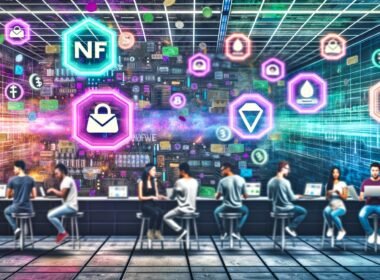 Moderner Maschinenraum mit Entwicklern, Designern und Content-Creators an Laptops vor digitalen Anzeigen. Begriffe wie NFT, Token und Web3 schweben auf transparenten Bildschirmen; links klassische Paywalls und Kreditkarten, rechts Wallet- und Blockchain-Symbole.