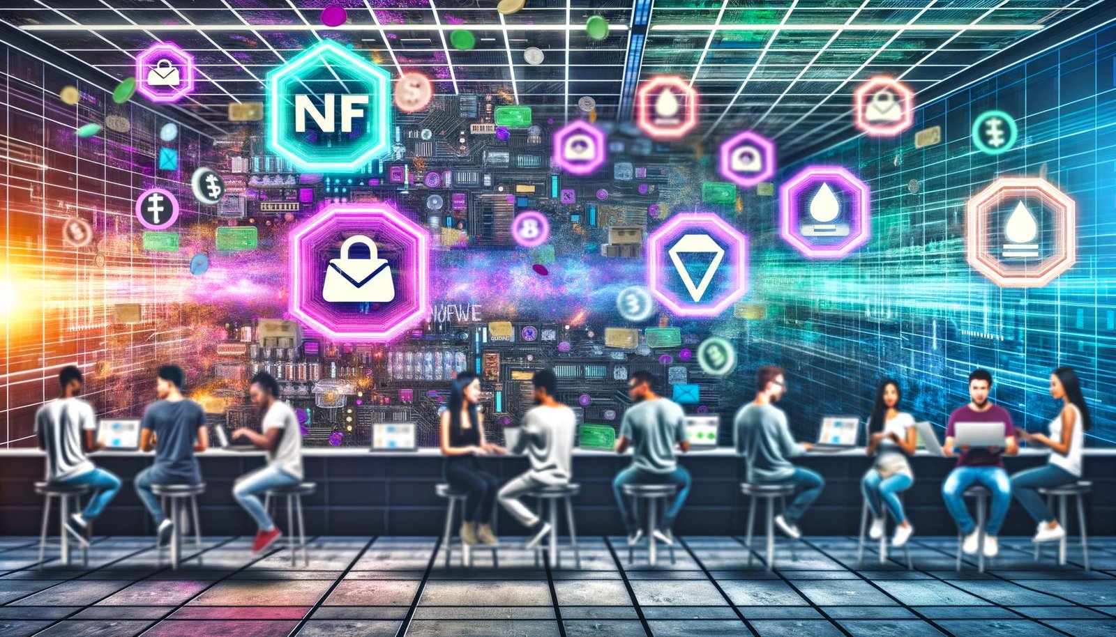 Moderner Maschinenraum mit Entwicklern, Designern und Content-Creators an Laptops vor digitalen Anzeigen. Begriffe wie NFT, Token und Web3 schweben auf transparenten Bildschirmen; links klassische Paywalls und Kreditkarten, rechts Wallet- und Blockchain-Symbole.