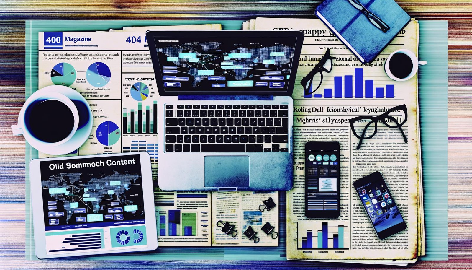 Moderner Schreibtisch mit Laptop, Tablet und Smartphone voller digitaler Analysen, zentral große Visualisierung von Daten, im Hintergrund unscharfe Zeitungsschnipsel.