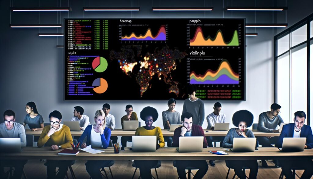 Arbeitsumgebung mit großem Bildschirm voller Seaborn-Charts wie Heatmap, Pairplot, Violinplot, Catplot und Boxplot, dazu Datenteams im modernen Office, überlagert von Python-Code und Pandas-Dataframes im dunklen Userinterface.