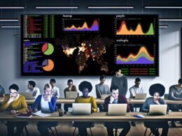 Arbeitsumgebung mit großem Bildschirm voller Seaborn-Charts wie Heatmap, Pairplot, Violinplot, Catplot und Boxplot, dazu Datenteams im modernen Office, überlagert von Python-Code und Pandas-Dataframes im dunklen Userinterface.