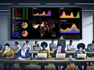 Arbeitsumgebung mit großem Bildschirm voller Seaborn-Charts wie Heatmap, Pairplot, Violinplot, Catplot und Boxplot, dazu Datenteams im modernen Office, überlagert von Python-Code und Pandas-Dataframes im dunklen Userinterface.