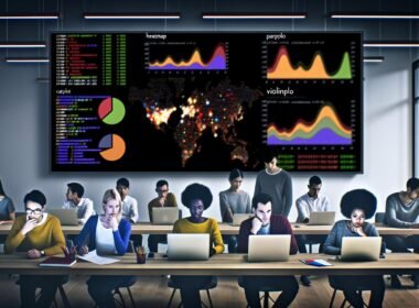 Arbeitsumgebung mit großem Bildschirm voller Seaborn-Charts wie Heatmap, Pairplot, Violinplot, Catplot und Boxplot, dazu Datenteams im modernen Office, überlagert von Python-Code und Pandas-Dataframes im dunklen Userinterface.