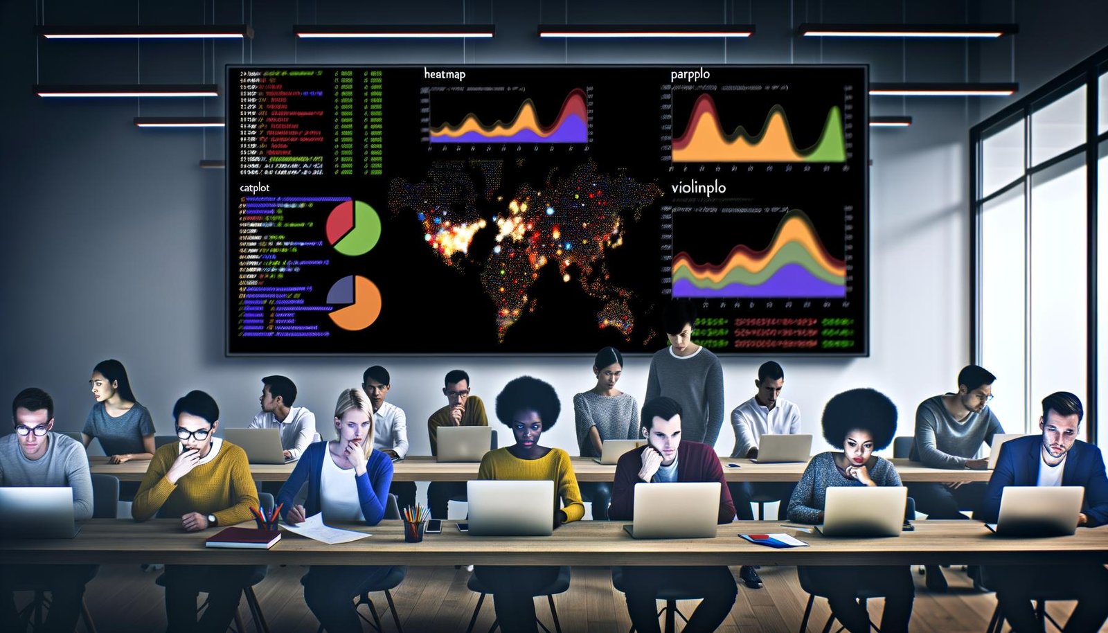 Arbeitsumgebung mit großem Bildschirm voller Seaborn-Charts wie Heatmap, Pairplot, Violinplot, Catplot und Boxplot, dazu Datenteams im modernen Office, überlagert von Python-Code und Pandas-Dataframes im dunklen Userinterface.