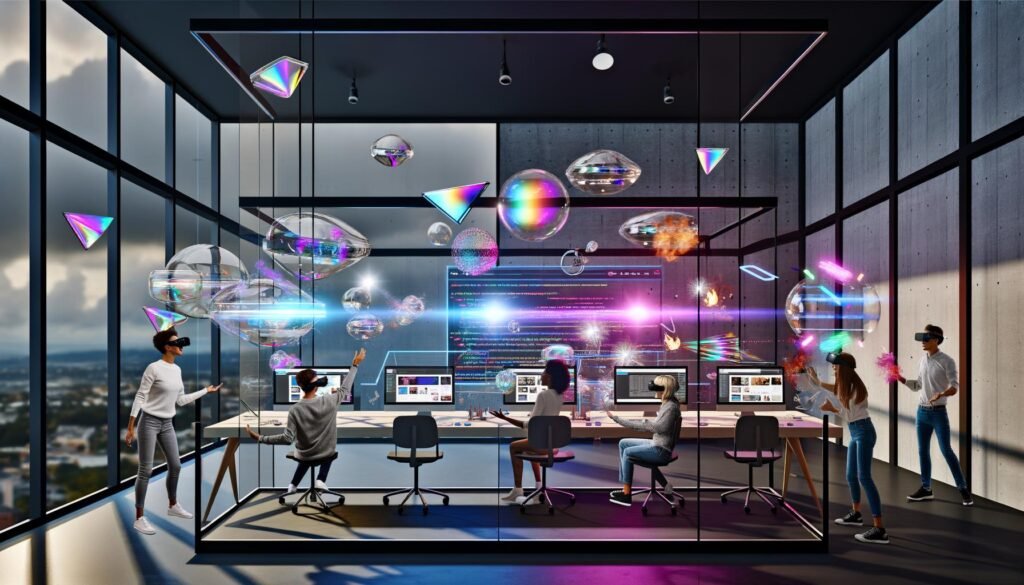 Futuristisches Design-Studio mit holografischen AR-, VR- und MR-3D-Objekten, Designer an Glas-Schreibtischen mit XR-Headsets und dynamischen Webflow-Interfaces