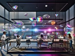 Futuristisches Design-Studio mit holografischen AR-, VR- und MR-3D-Objekten, Designer an Glas-Schreibtischen mit XR-Headsets und dynamischen Webflow-Interfaces