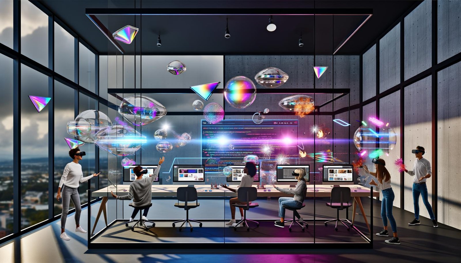 Futuristisches Design-Studio mit holografischen AR-, VR- und MR-3D-Objekten, Designer an Glas-Schreibtischen mit XR-Headsets und dynamischen Webflow-Interfaces