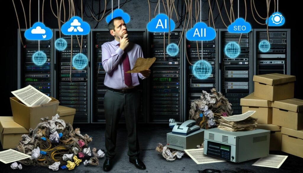 Politischer Entscheidungsträger steht in einem düsteren Maschinenraum zwischen analogen Geräten wie Fax und digitalen Tools wie Laptops, Monitoren mit KI-Symbolen und Datenströmen.