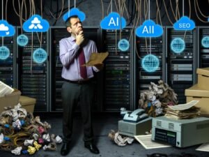 Politischer Entscheidungsträger steht in einem düsteren Maschinenraum zwischen analogen Geräten wie Fax und digitalen Tools wie Laptops, Monitoren mit KI-Symbolen und Datenströmen.