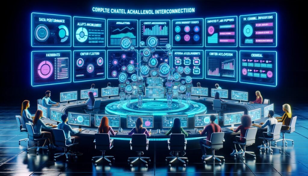 Junges, diverses Team arbeitet in einem modernen Kontrollraum vor riesigen Dashboards mit Echtzeit-Daten, Analytics und Social-Media-Feeds, umgeben von Laptops, Tablets und Smartphones.