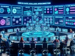 Junges, diverses Team arbeitet in einem modernen Kontrollraum vor riesigen Dashboards mit Echtzeit-Daten, Analytics und Social-Media-Feeds, umgeben von Laptops, Tablets und Smartphones.