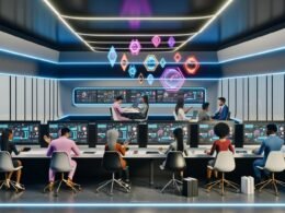 Innovatives Marketingteam arbeitet im futuristischen Büro an holografischen Interfaces mit AR, VR und Webflow-Elementen, umgeben von modernster Technologie.