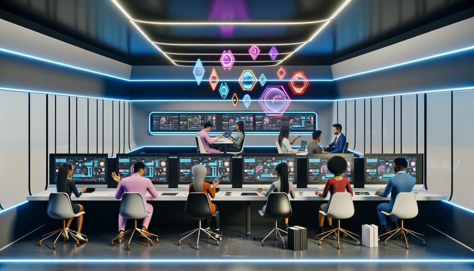 Innovatives Marketingteam arbeitet im futuristischen Büro an holografischen Interfaces mit AR, VR und Webflow-Elementen, umgeben von modernster Technologie.