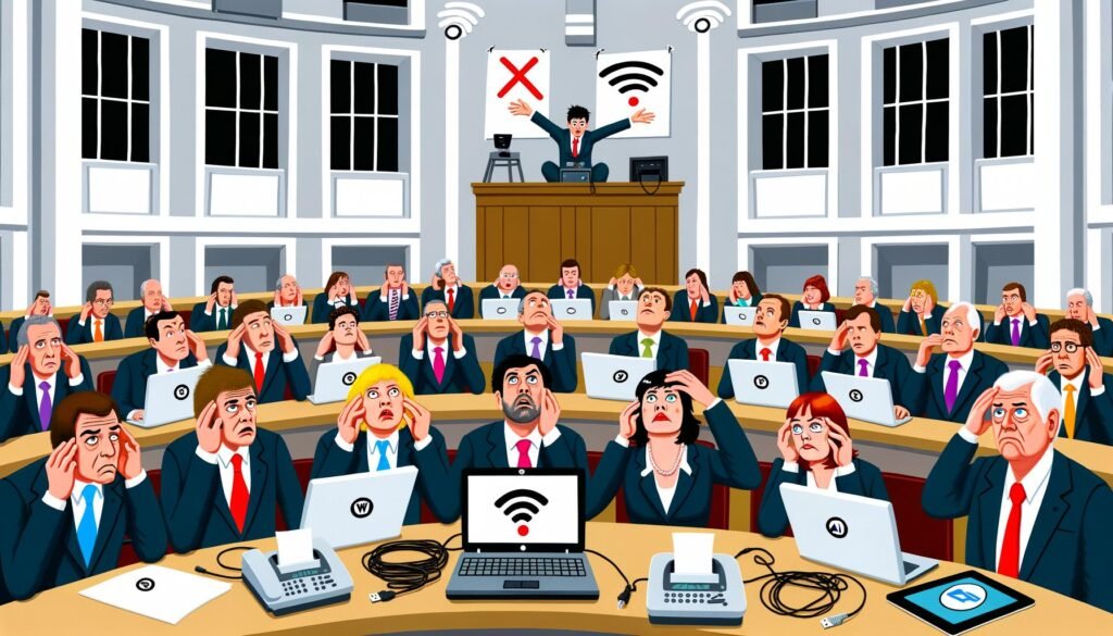 Politiker im Bundestag kämpfen am Laptop mit WLAN-Problemen, während Kabel von der Decke hängen und Faxgeräte auf den Tischen stehen. Berater präsentieren moderne Digitalstrategien auf Flipcharts.