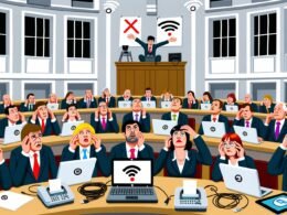 Politiker im Bundestag kämpfen am Laptop mit WLAN-Problemen, während Kabel von der Decke hängen und Faxgeräte auf den Tischen stehen. Berater präsentieren moderne Digitalstrategien auf Flipcharts.