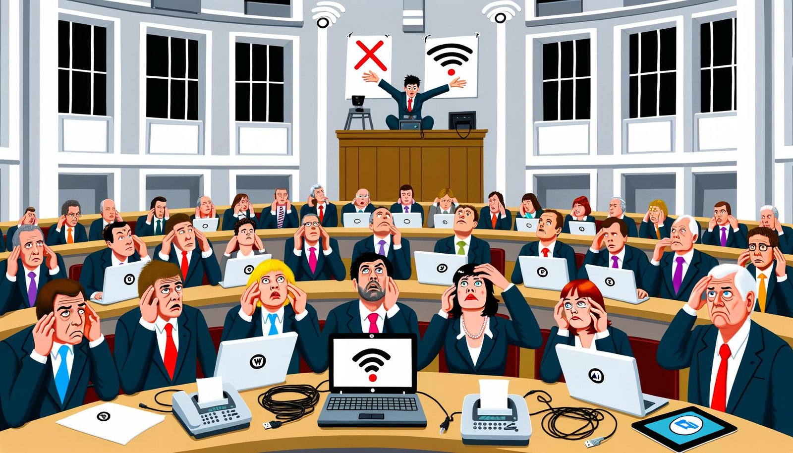 Politiker im Bundestag kämpfen am Laptop mit WLAN-Problemen, während Kabel von der Decke hängen und Faxgeräte auf den Tischen stehen. Berater präsentieren moderne Digitalstrategien auf Flipcharts.