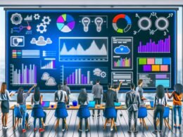 Content-Marketing-Team diskutiert vor einem großen digitalen Dashboard mit Datenvisualisierungen, Charts und KPIs in moderner Büroumgebung.