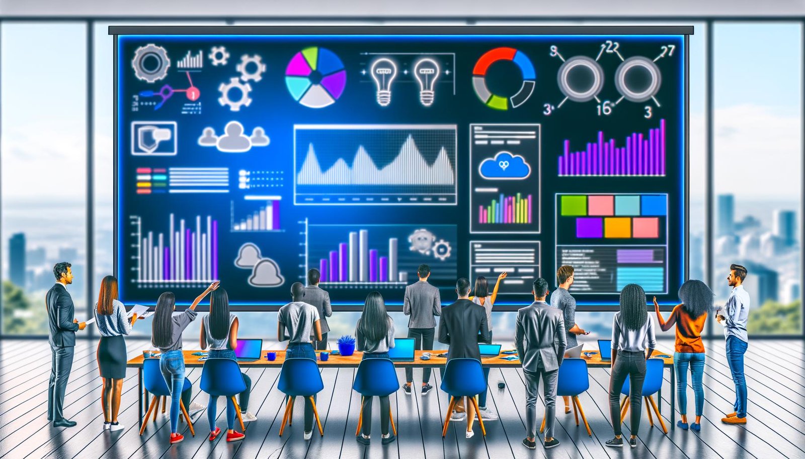 Content-Marketing-Team diskutiert vor einem großen digitalen Dashboard mit Datenvisualisierungen, Charts und KPIs in moderner Büroumgebung.