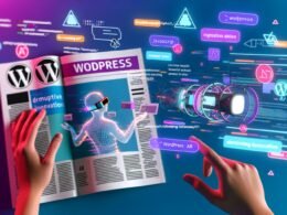 Futuristisches AR-Magazin-Interface mit WordPress-Dashboard-Elementen, interaktiven 3D-Grafiken, animierten Headlines und technologischen Symbolen für AR/VR.