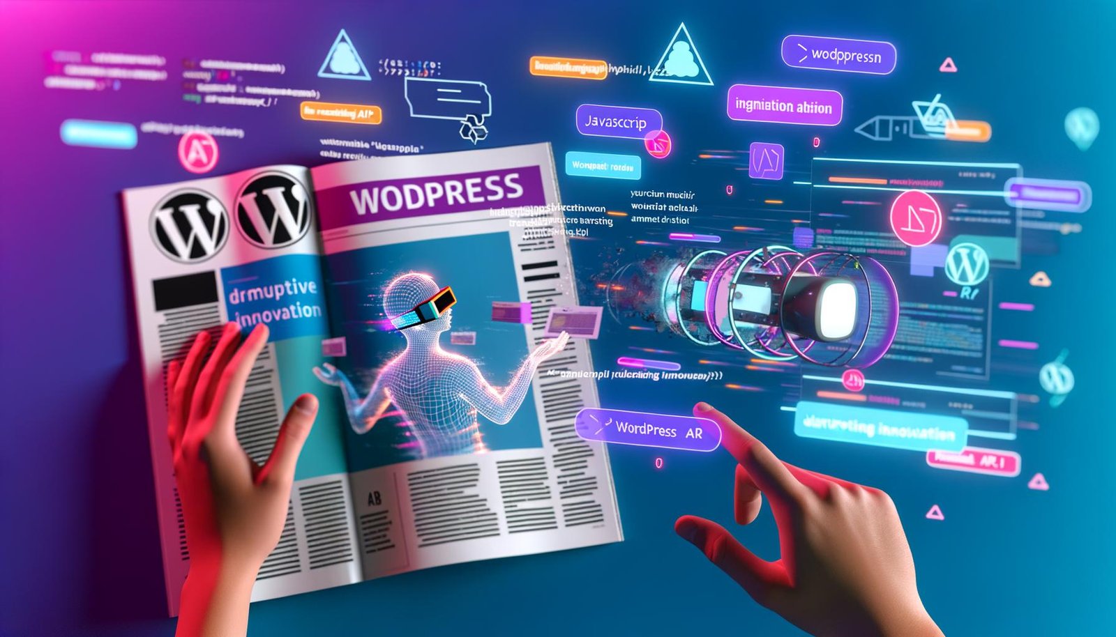 Futuristisches AR-Magazin-Interface mit WordPress-Dashboard-Elementen, interaktiven 3D-Grafiken, animierten Headlines und technologischen Symbolen für AR/VR.