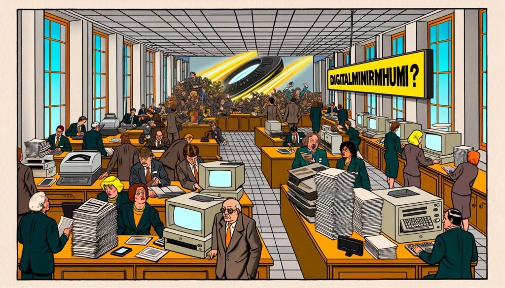 Satirische Zeichnung eines deutschen Behördenbüros mit Papierstapeln, Faxgeräten und dem Schild 'Digitalministerium?', während digitale Technologien draußen unerreichbar sind.