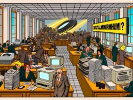 Satirische Zeichnung eines deutschen Behördenbüros mit Papierstapeln, Faxgeräten und dem Schild 'Digitalministerium?', während digitale Technologien draußen unerreichbar sind.