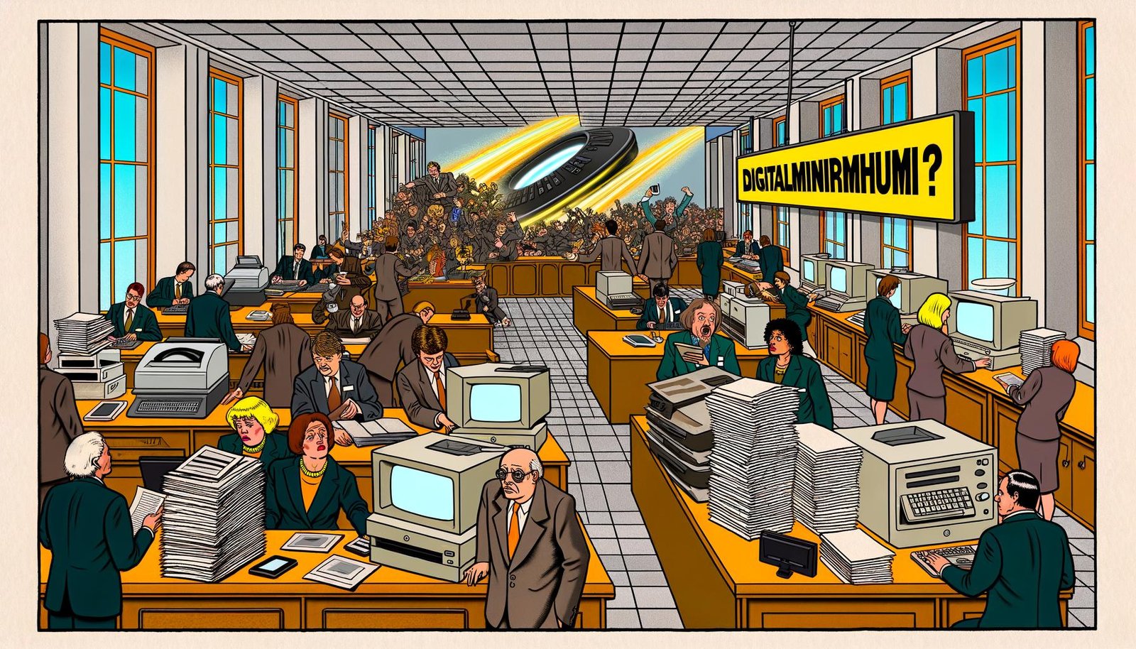 Satirische Zeichnung eines deutschen Behördenbüros mit Papierstapeln, Faxgeräten und dem Schild 'Digitalministerium?', während digitale Technologien draußen unerreichbar sind.