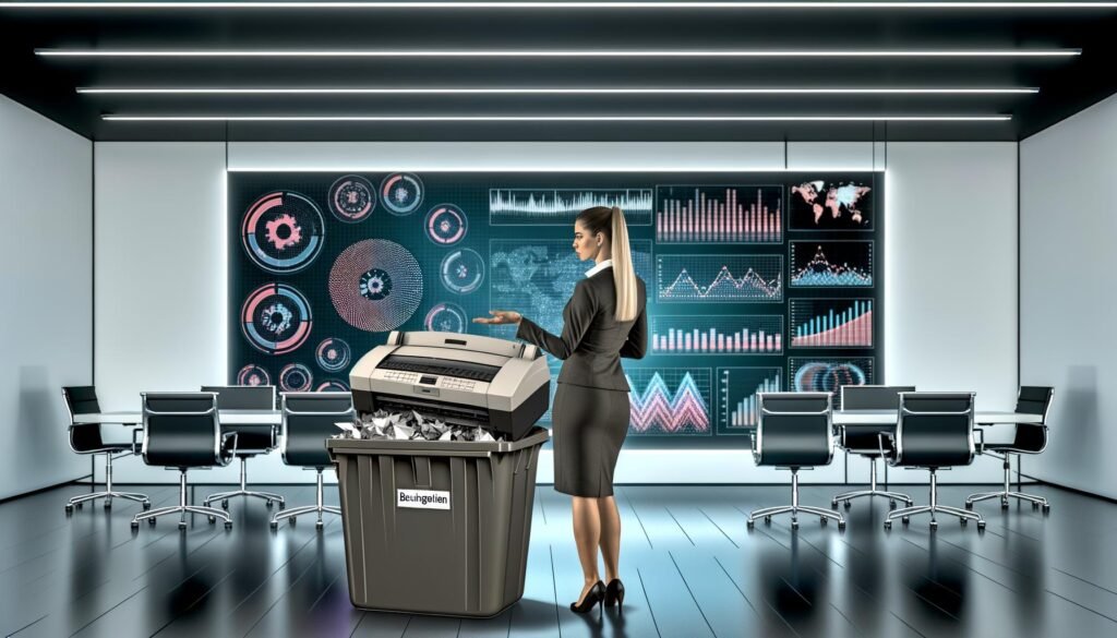 Marketer entsorgt übergroßes Faxgerät mit Aufschrift 'Bauchgefühl' und analysiert gleichzeitig moderne digitale Dashboards voller Daten, Charts und KPIs in einem futuristischen Büro.