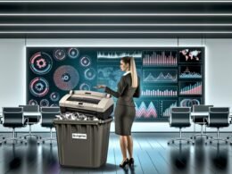 Marketer entsorgt übergroßes Faxgerät mit Aufschrift 'Bauchgefühl' und analysiert gleichzeitig moderne digitale Dashboards voller Daten, Charts und KPIs in einem futuristischen Büro.