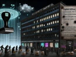 Illustration einer deutschen Behörde mit alter und moderner Architektur, Menschen mit Aktenordnern und schwachem Smartphone-Empfang, Schildern ‚Digitales Amt‘ und ‚Service nur per Fax‘, sowie einer großen analogen Stempel-Hand über einem digitalen Antrag.