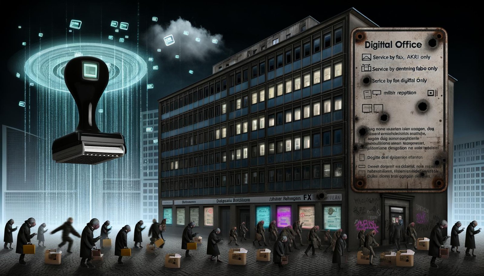 Illustration einer deutschen Behörde mit alter und moderner Architektur, Menschen mit Aktenordnern und schwachem Smartphone-Empfang, Schildern ‚Digitales Amt‘ und ‚Service nur per Fax‘, sowie einer großen analogen Stempel-Hand über einem digitalen Antrag.
