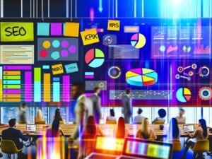 Junge, vielfältige Marketing-Crew arbeitet mit Post-its, Laptops und Datenmonitor energiegeladen in modernem Büro.