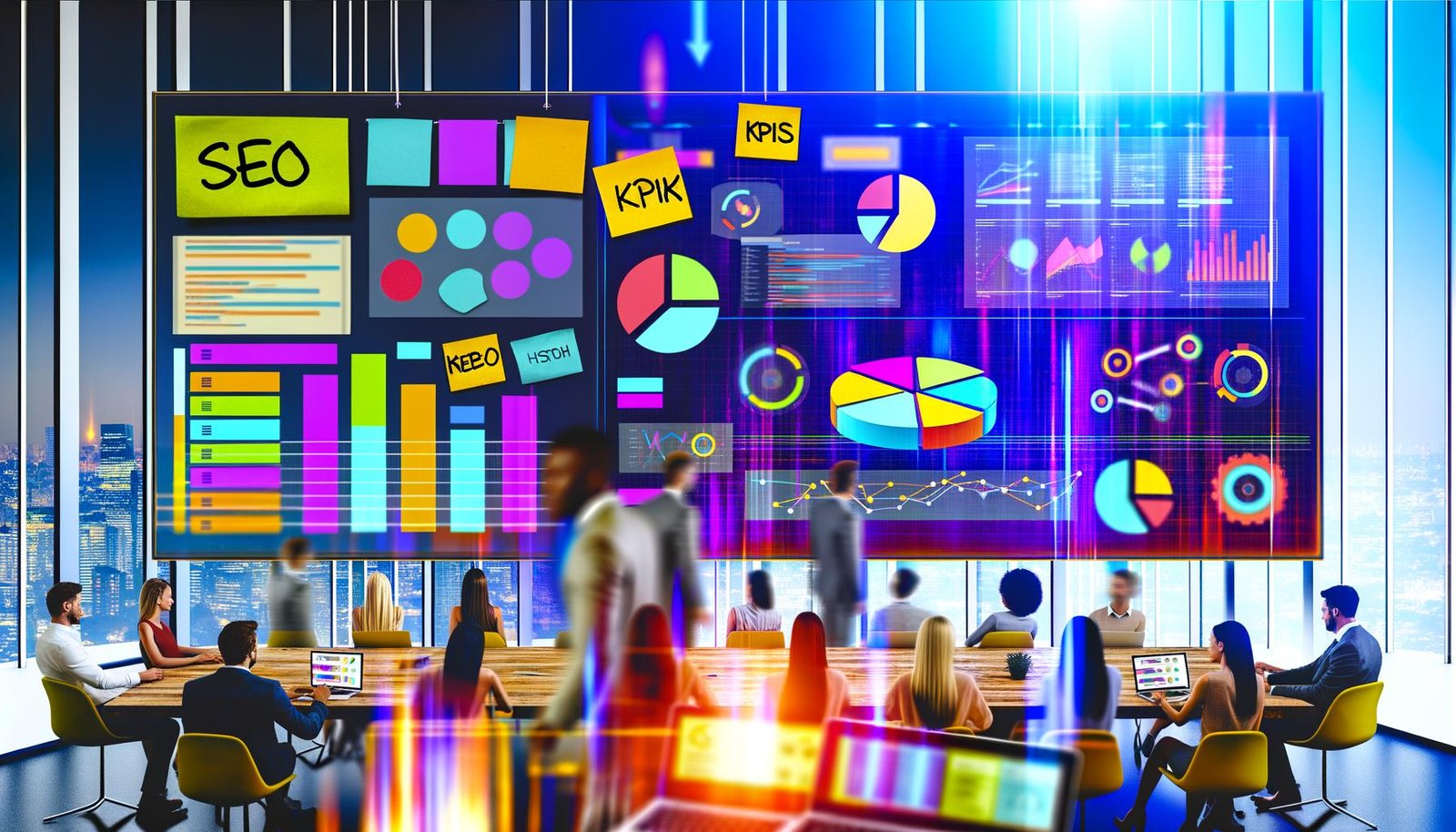 Junge, vielfältige Marketing-Crew arbeitet mit Post-its, Laptops und Datenmonitor energiegeladen in modernem Büro.