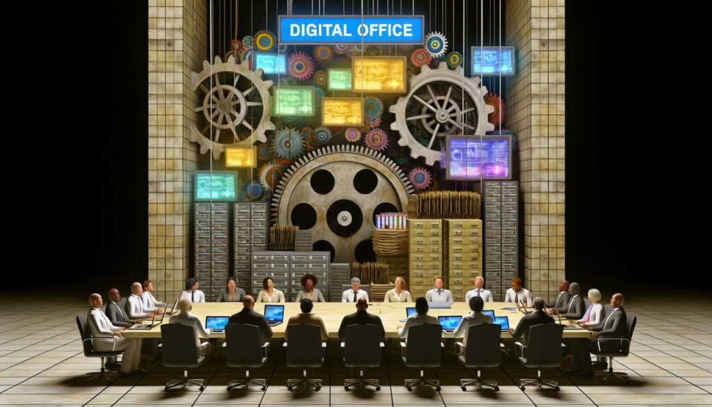 Büroszene mit übergroßen Zahnrädern, Computern, Akten und Menschen aus verschiedenen Berufsgruppen, die hitzig am Tisch über Digitalisierung in Deutschland debattieren.