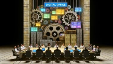 Büroszene mit übergroßen Zahnrädern, Computern, Akten und Menschen aus verschiedenen Berufsgruppen, die hitzig am Tisch über Digitalisierung in Deutschland debattieren.