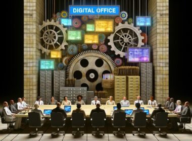 Büroszene mit übergroßen Zahnrädern, Computern, Akten und Menschen aus verschiedenen Berufsgruppen, die hitzig am Tisch über Digitalisierung in Deutschland debattieren.